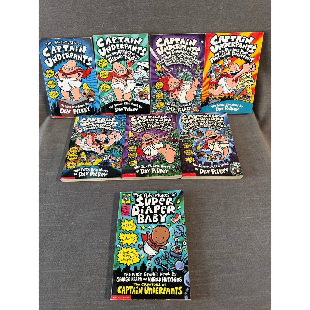Captain Underpants Lot Books 1-7 Dav Pilkey BONUS Super Diaper Baby 8 BOOKS!